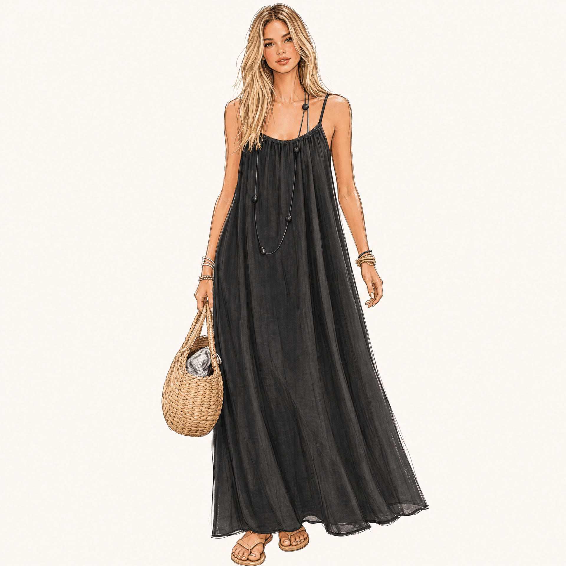 Illustration of a long dress with a flowing drape