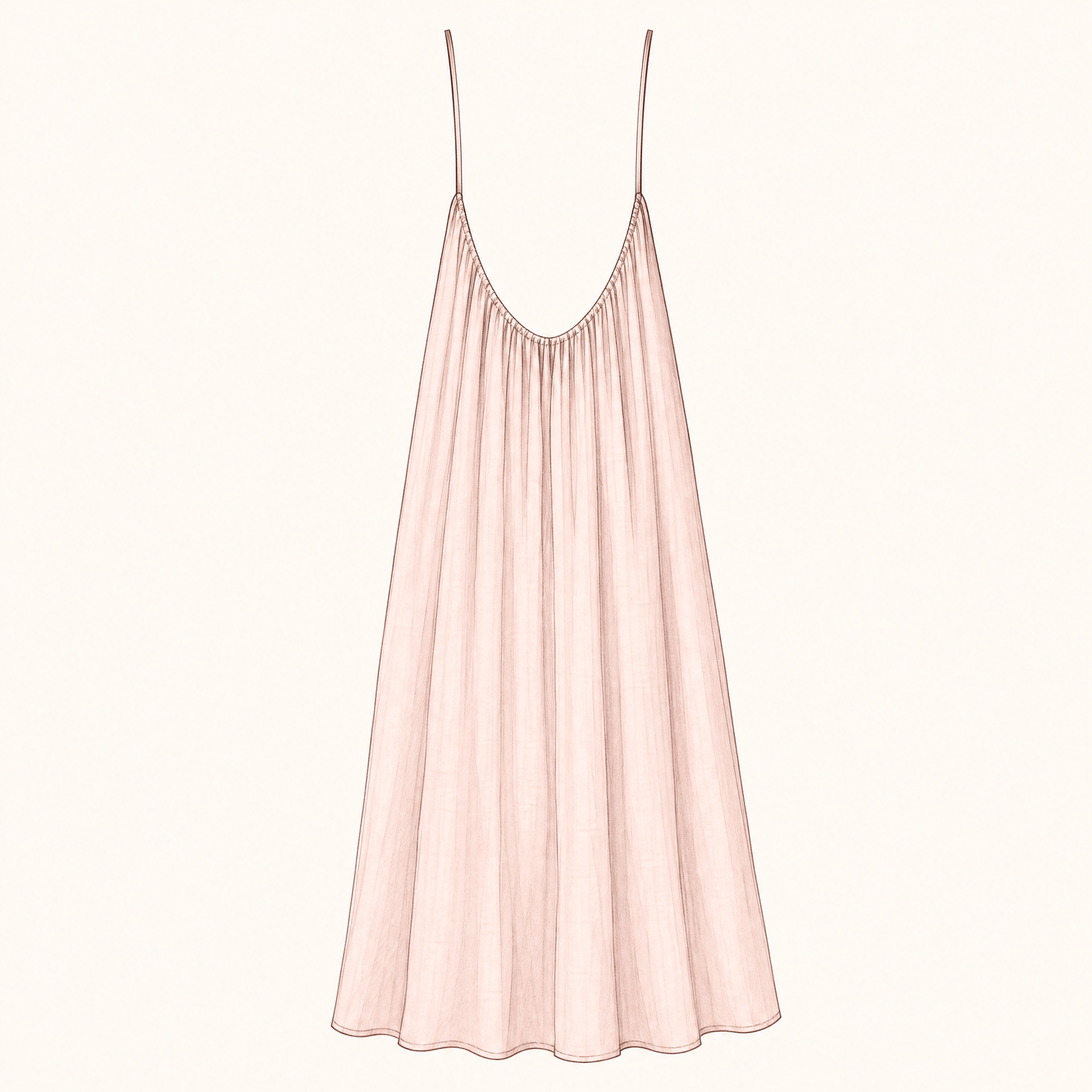 Illustration of a long dress seen from the back with adjustable ties