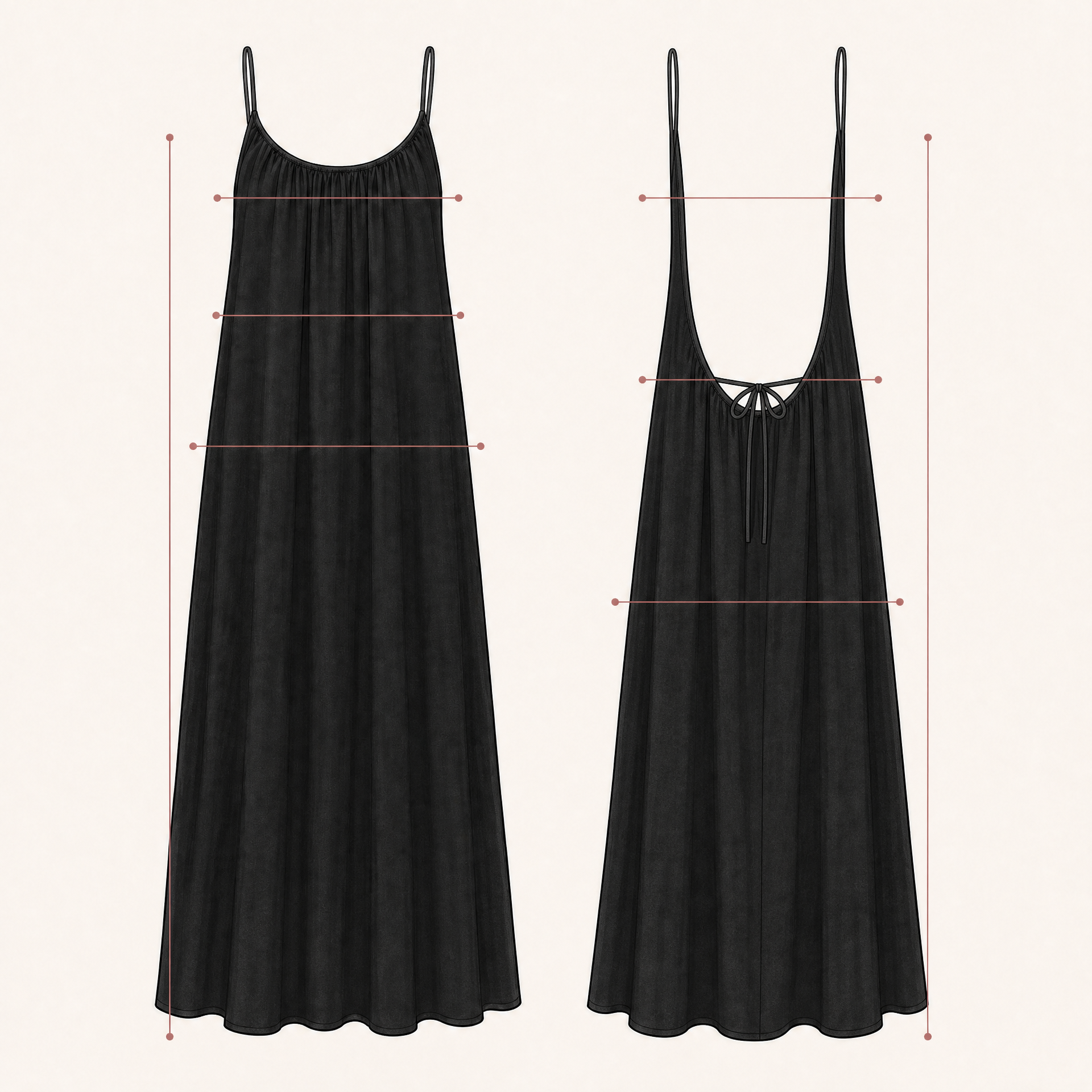 Technical illustration of the dress front and back with lower tie